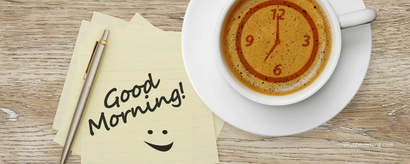 Good Morning note with a smiley beside coffee with a clock face in the crema